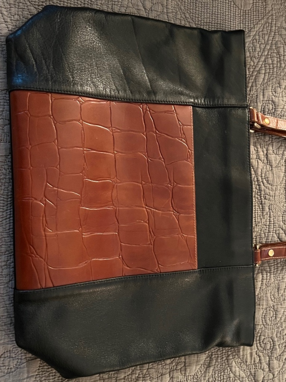 Large Croc Embossed Two Tone Leather Tote Brown and Black with Attached Handles